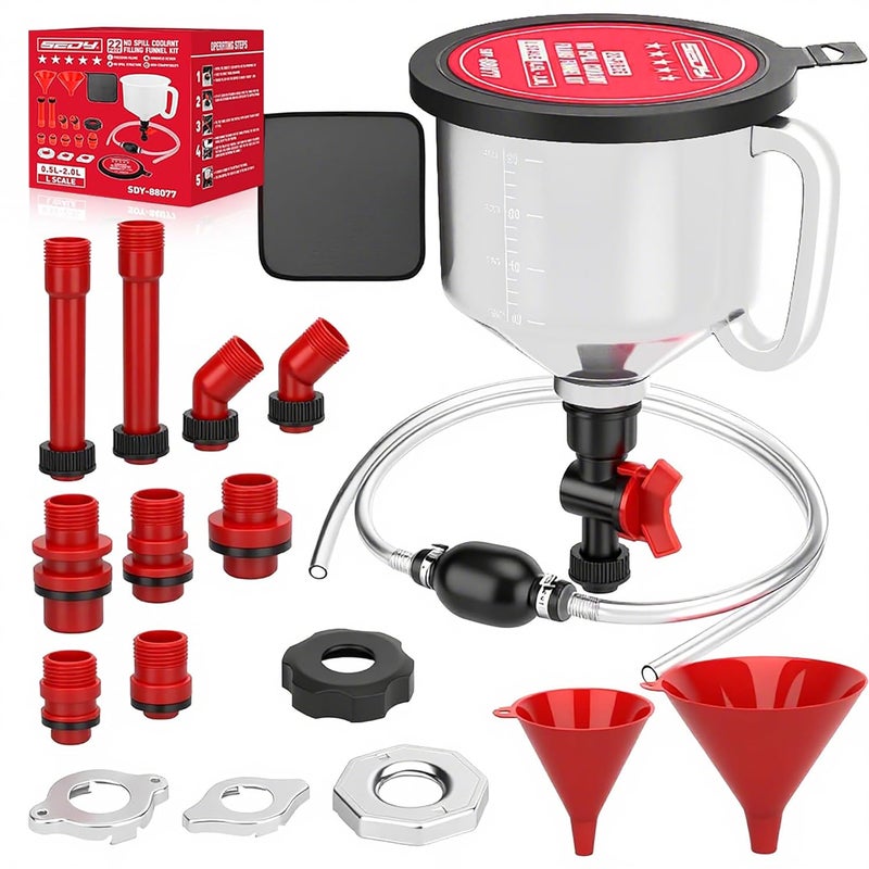 SEDY 22-Piece No-Spill Coolant Filling Funnel Kit and Siphon Hose Pump, Radiator Coolant Filling Spill-Proof Funnel Kit with Adapters, Extensions, PVC Hose, Engine Oil Funnels, Towel for Universal Vehicle - Image 1